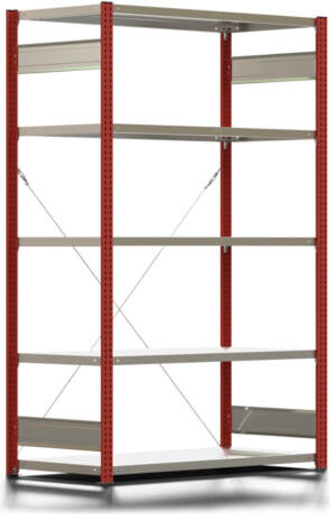 Fachbodenregal mit Tiefenriegel - 350 kg - 2.000 x 1.341 x 626 mm (HxBxT) - Grundregal - 5 Böden - feuerrot - Lagerregal - Steckregal BERT