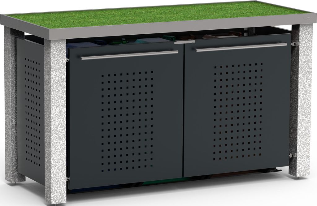 reinkeDESIGN | Müllhäuschen 1x240 & 2x120L | Typ_S | Gründach, Stein-Pfosten, Seiten & Türen in Anthrazit | Ideal für Eigenheim, Deutsche Wert...