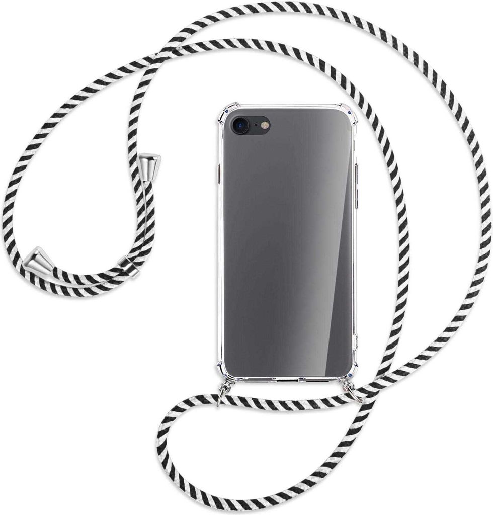 Handykette Backcover-Schutzhülle mit Band (Metall silberfarben) für Apple iPhone 7, iPhone 8 - schwarz/weiß gestreift