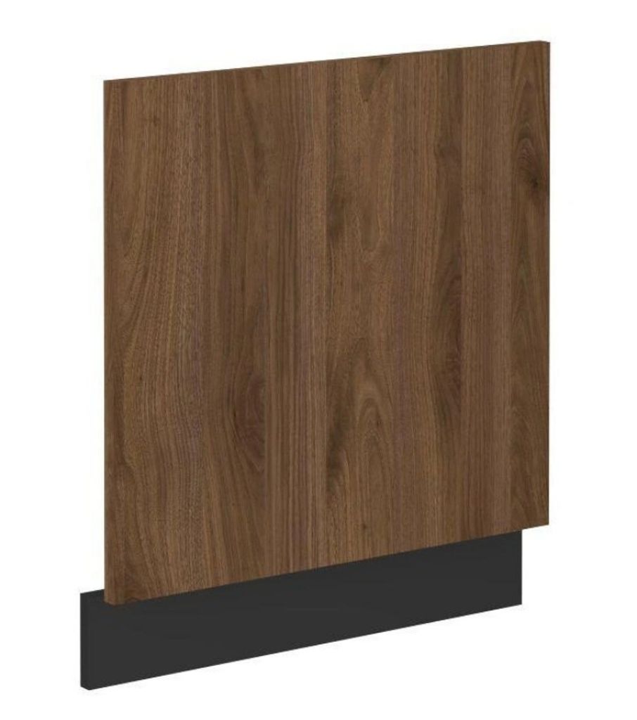 A close-up view of a cabinet door with a wood grain texture and a black base.
