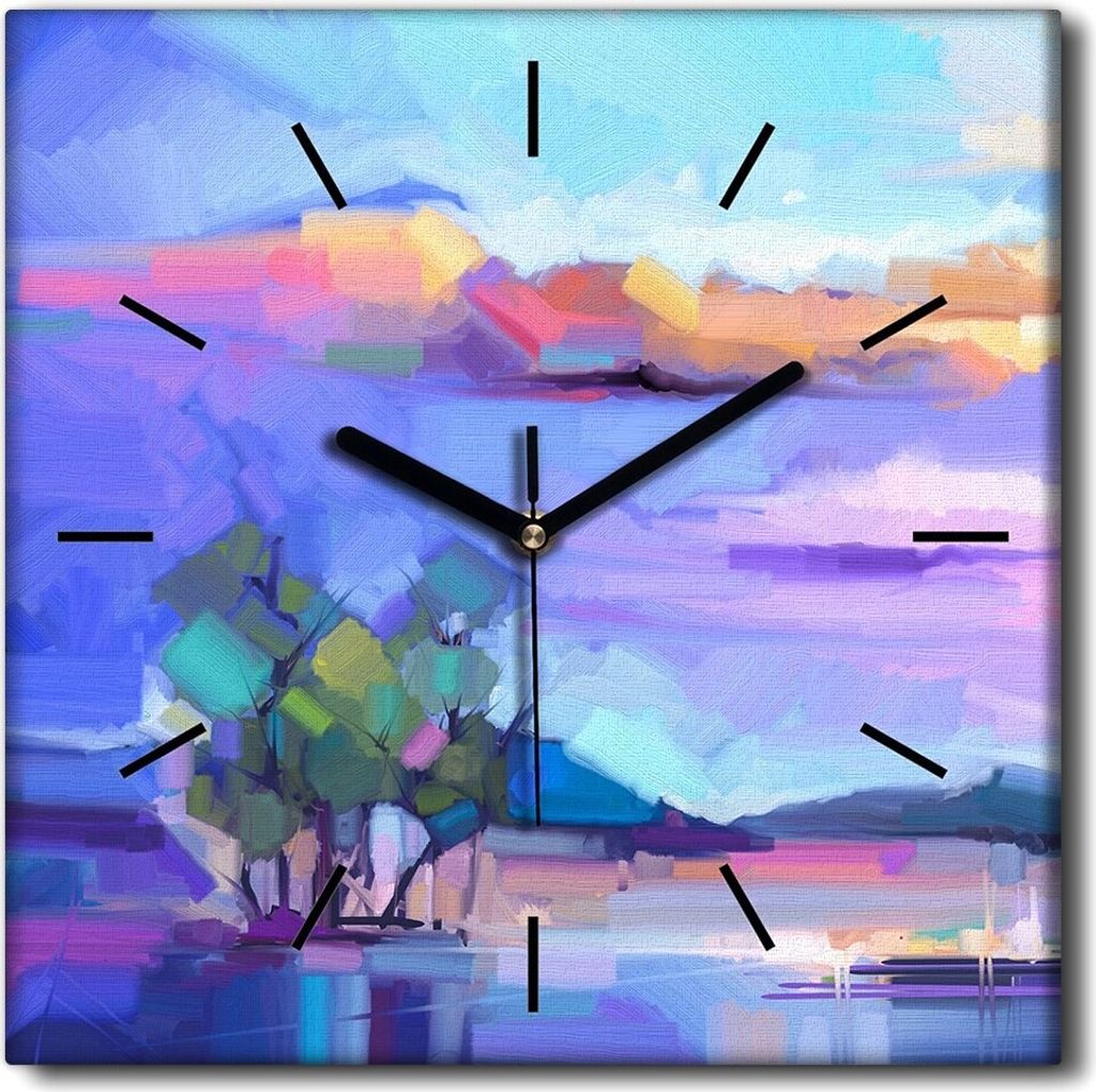 Coloray Uhr auf Leinwand 30x30 cm Wand Uhr Dekoration Wohnzimmer Segeltuch schwarze Hände -Landschaft Bäume Himmel