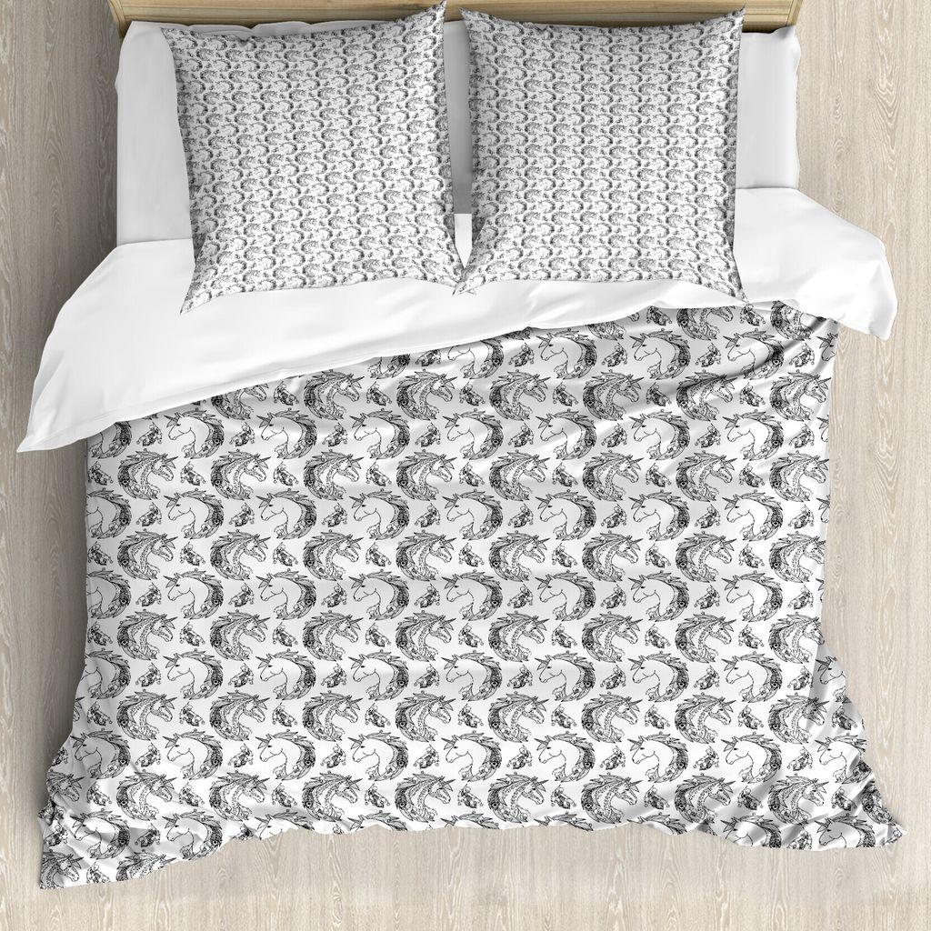 ABAKUHAUS Tätowieren Bettbezug, Fiktionale Unicorn Boho, Milbensicher Allergiker geeignet mit Kissenbezügen, 155 cm x 220 cm - 80 x 80 cm, Schwar...