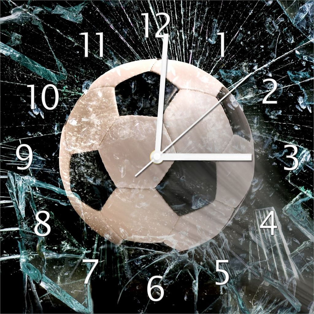 Wallario Design Wanduhr Fußball - im Fenster, Splitter und Glas aus Echtglas, Größe 30 x 30 cm