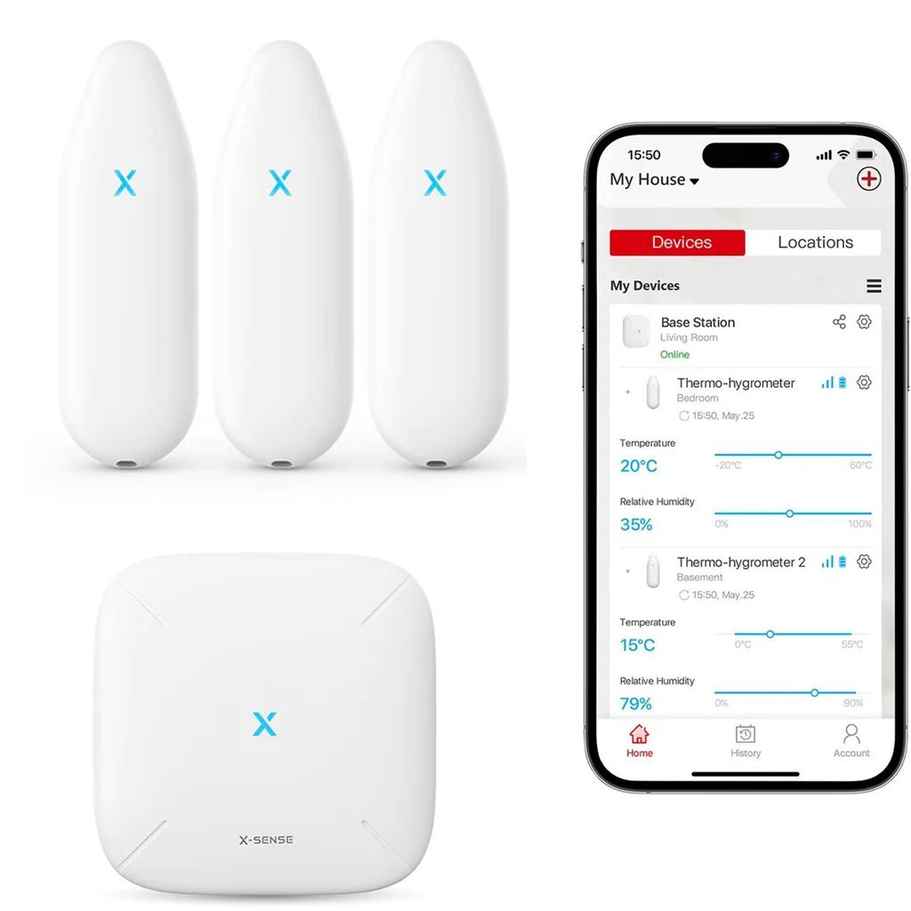 X-Sense Smart Wifi Hygrometer Bundle - 3 Stück und Basisstation - Intelligenter Temperatursensor und Luftfeuchtigkeitsmesser für Innenräume