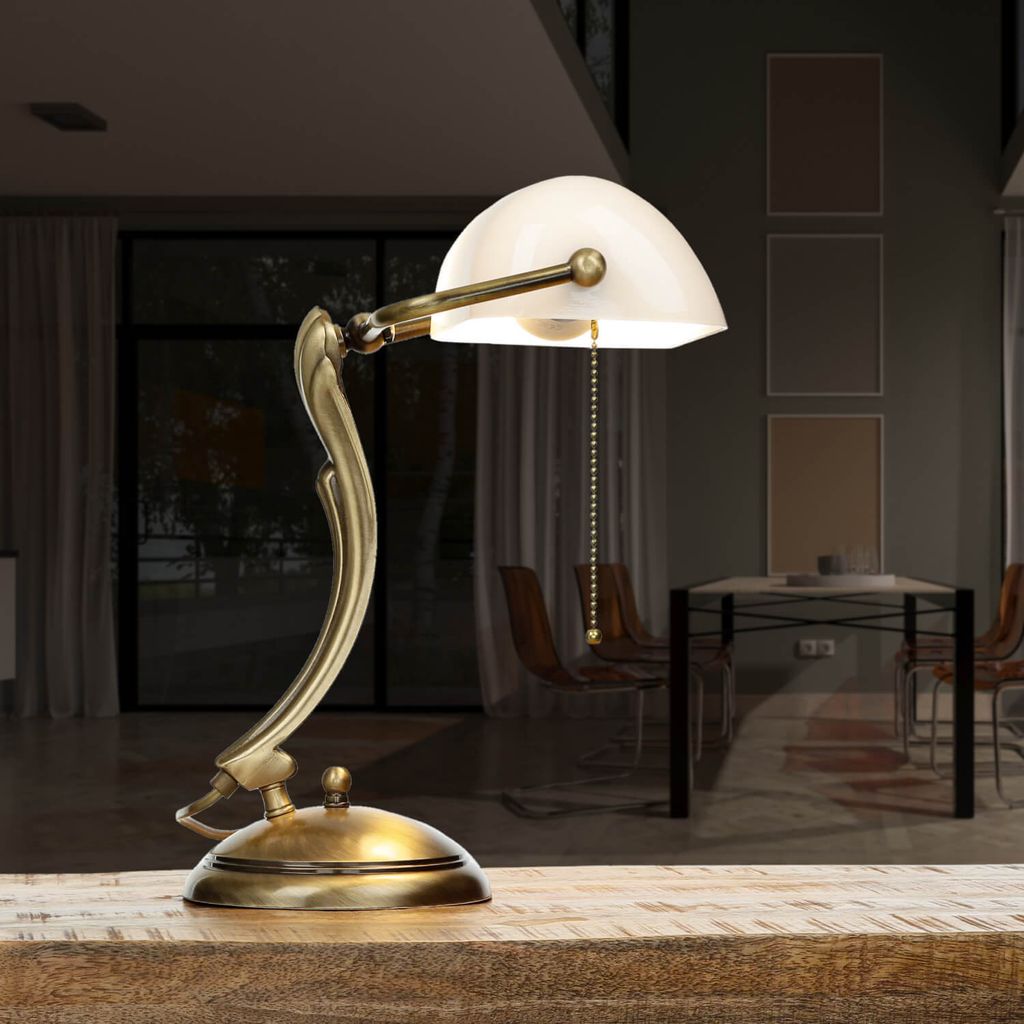Bankerlampe mit Zugschalter aus Messing Glas in Bronze Weiß Premium Schreibtischlampe Tischleuchte