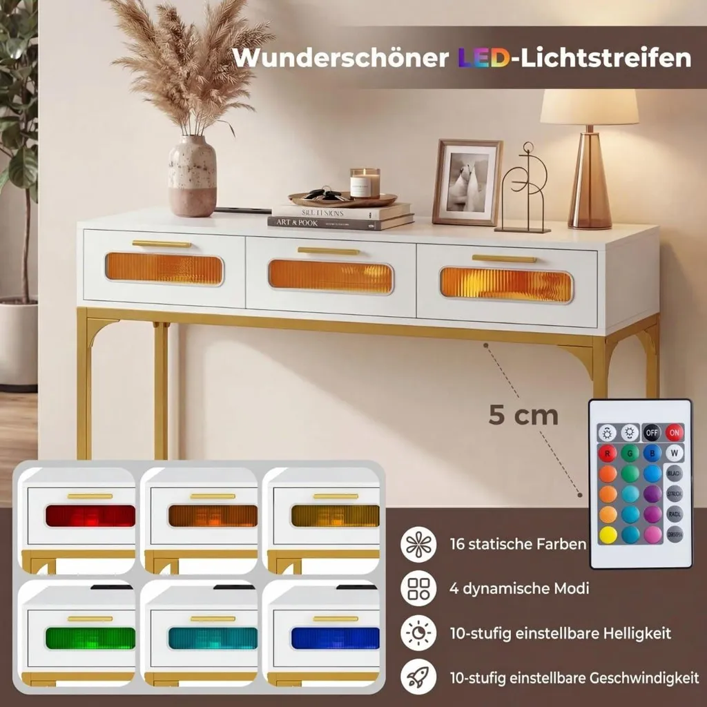 Table Console Blanche avec LED Multicolores et Multiprise Intégrée 90cm - 5