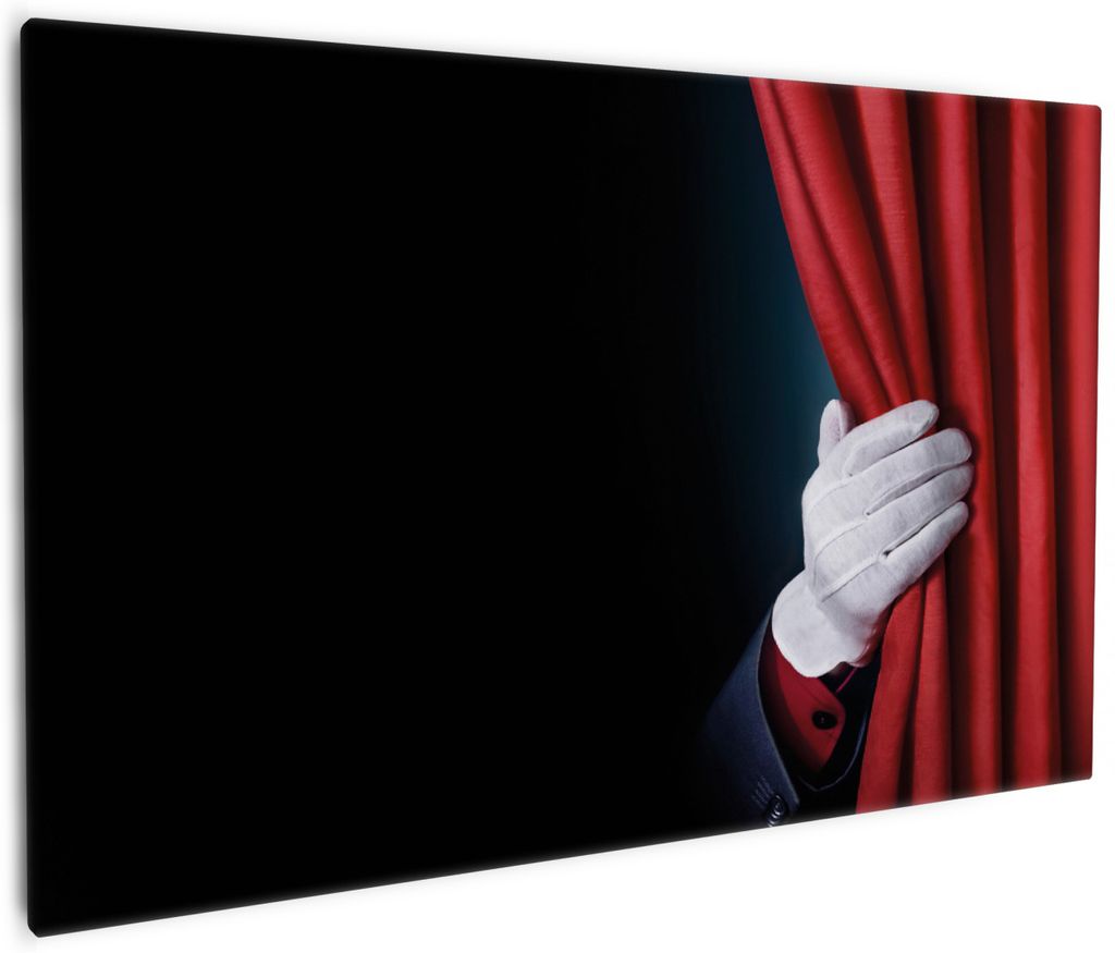 Wallario Premium Leinwandbild Vorhang auf für die Show Hand hinterm roten Vorhang in Größe 60 x 90 cm