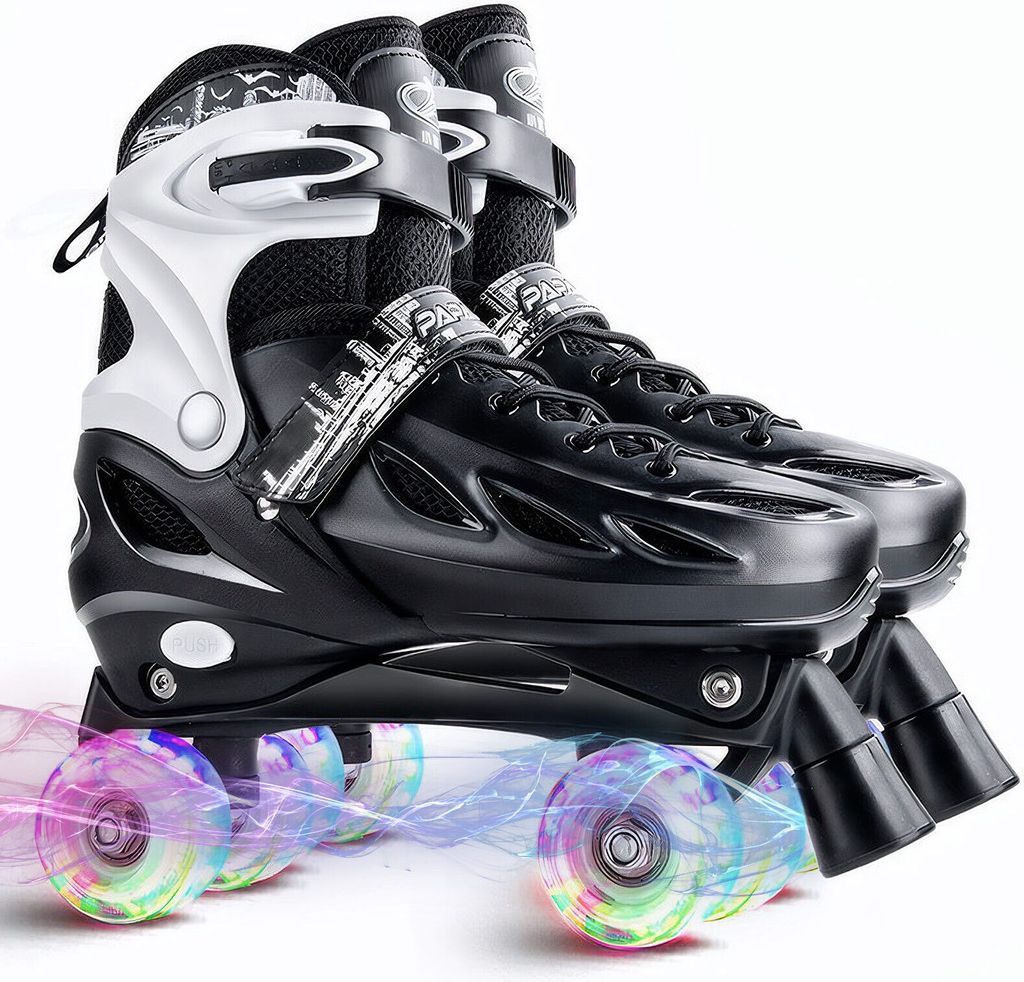 (Schwarz)Rollschuhe Rollerskates Atmungsaktiv Größenverstellbar Eislaufschuhe mit Bremse Quad Roller ABEC7 Lager Leuchtenden Rädern für Jun...