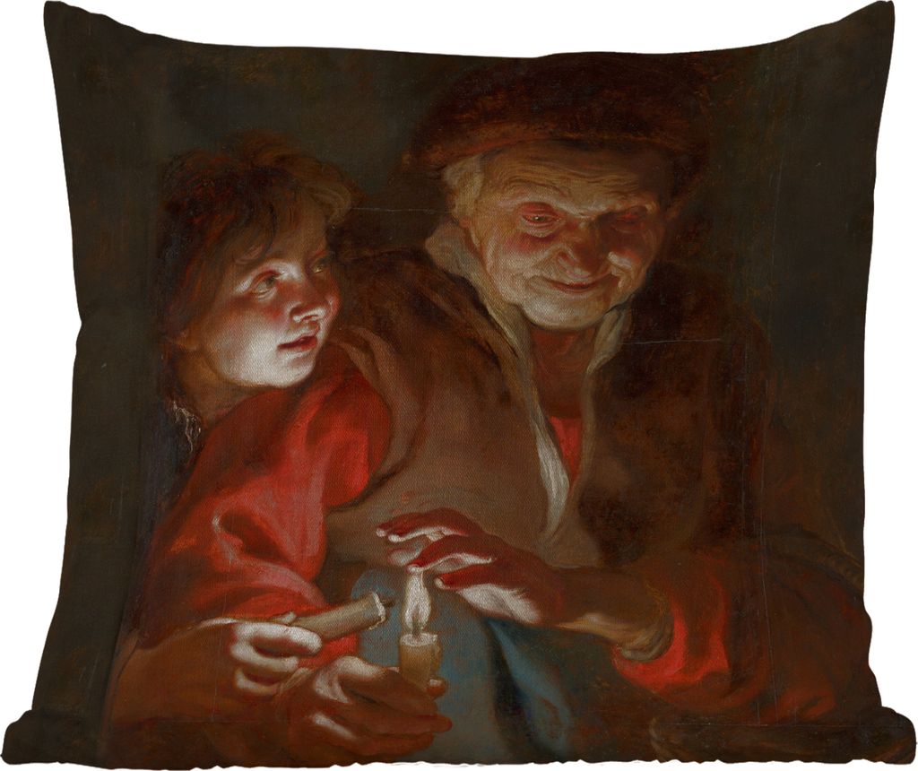 MuchoWow Outdoor Kissen - Alte Frau und Junge mit Kerzen - Gemälde von Peter Paul Rubens - 45x45 cm - Wetterfest - Lounge Kissen - Fotokissen - ...