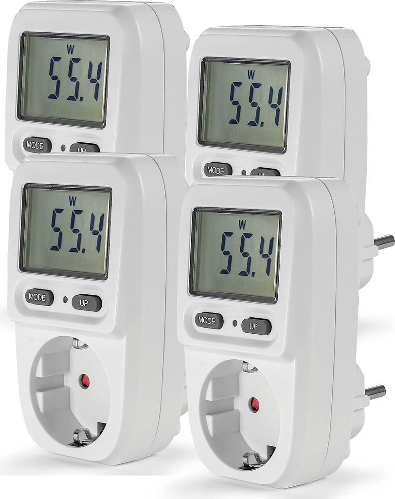 4er Set Energiekostenmessgerät Steckdose mit Display - Strommesser Verbrauchsmessgerät bis 3680 Watt, Weiß