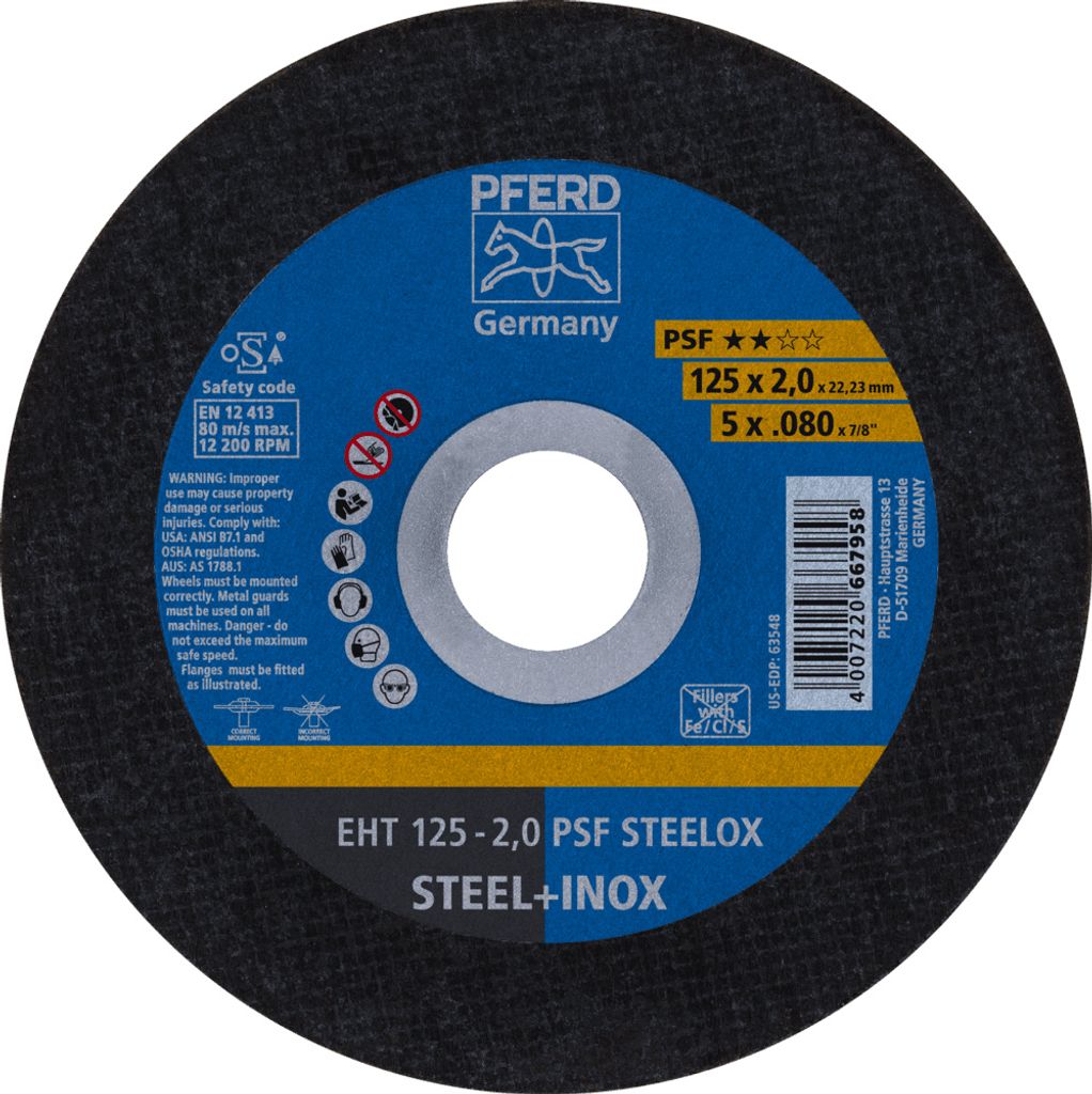PFERD TOOLS Trennscheibe EHT 125x2,0x22,23 mm gerade Universallinie PSF STEELOX für Stahl/Edelstahl