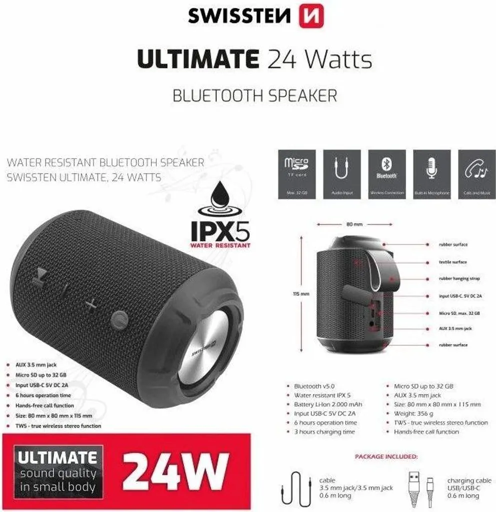 Cassa Bluetooth Swissten Ultimate 24W: Audio Premium e Design Nero - 4