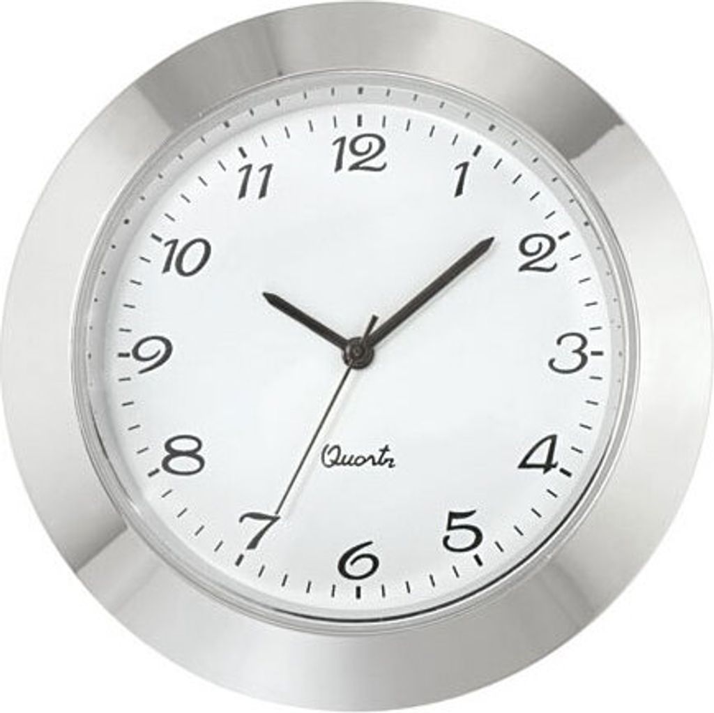 SELVA Mini-Einsteckwerk Import Trommel Ø 46,5mm, Lünette Ø 50mm verchromt, Zifferblatt weiß-antik, arabische Zahlen