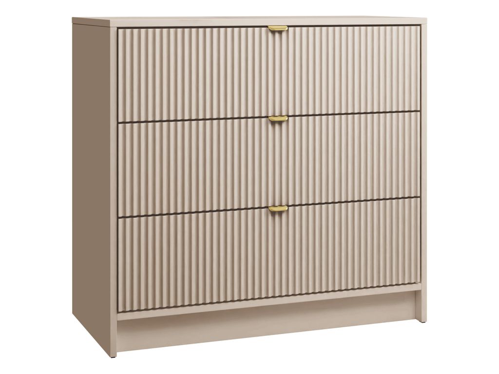 A three-drawer chest of drawers with a fluted front and gold handles, presented against a white background.