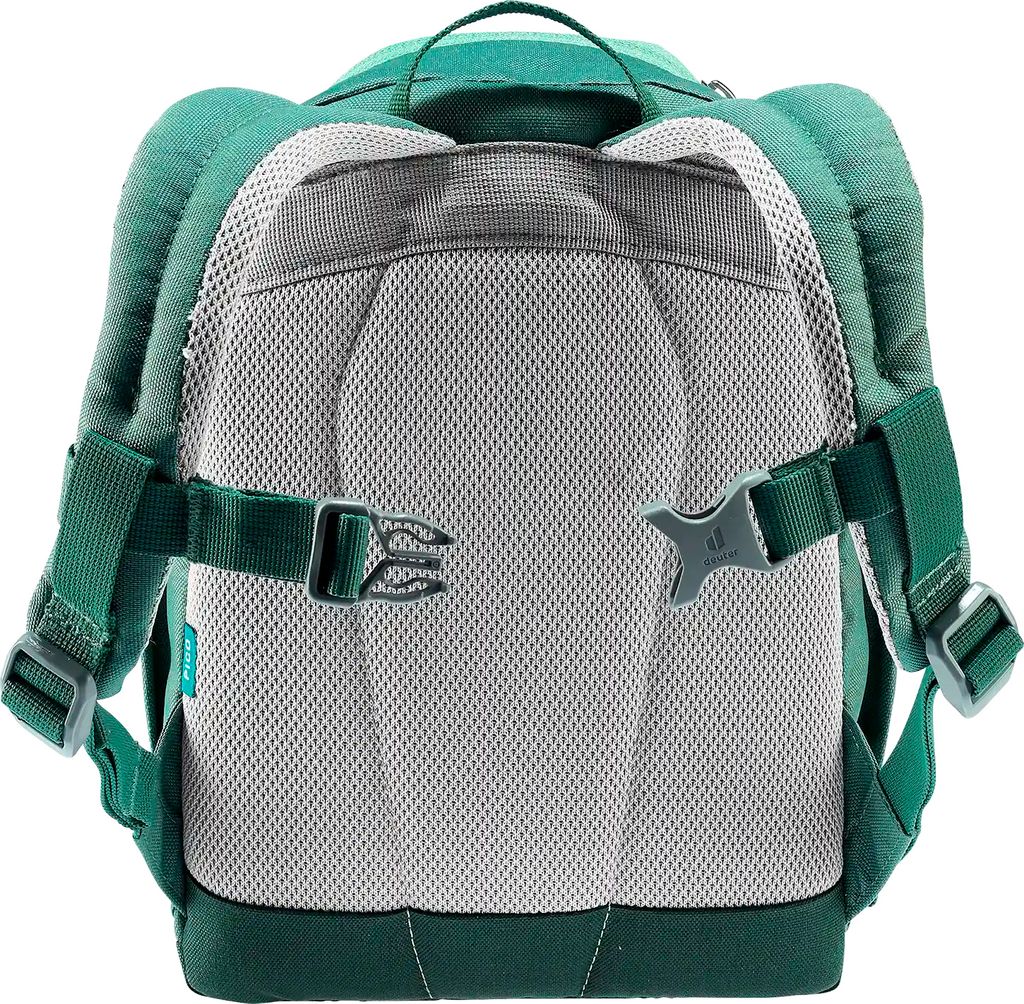 The back view of a green backpack.