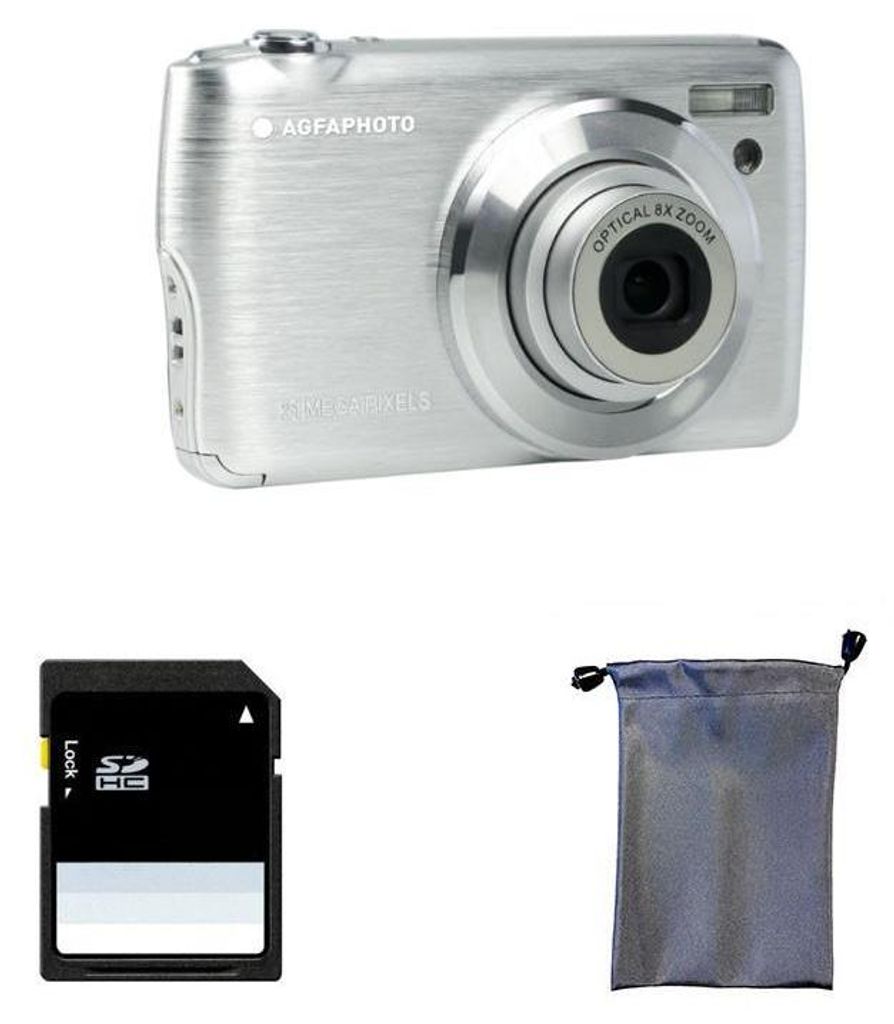 A digital camera, an SD card, and a drawstring pouch are displayed against a white background.