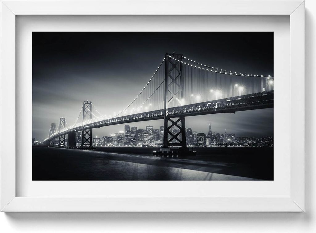 San Francisco Bridge bei Nacht– Wandbild mit Rahmen – Gerahmtes Bild – Wanddekoration – 30x20 cm – Weiß Rahmen