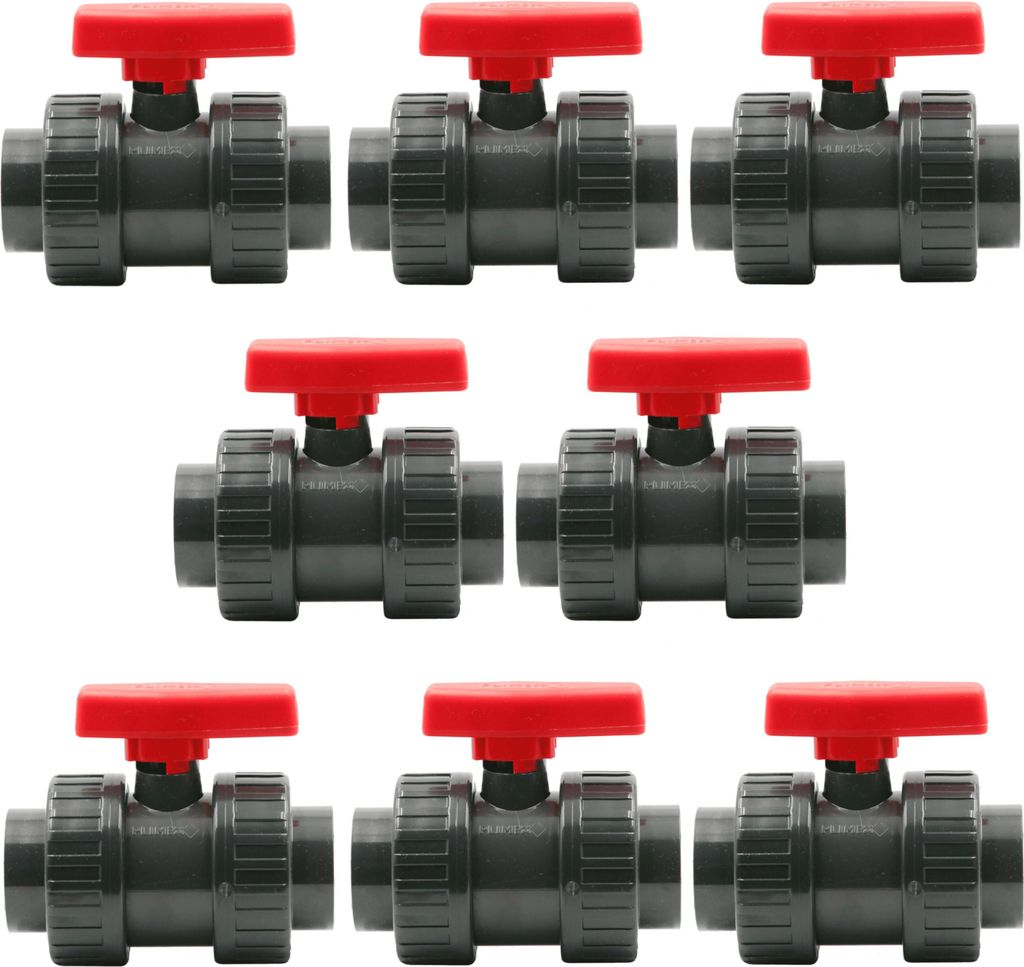 HAF 8x PVC 2 Wege Kugelhahn Roter Griff mit 50mm | Klebemuffe x Klebemuffe | Absperrhahn aus grauem PVC-U | PN16 für PVC Verrohrung, Pool & Teich