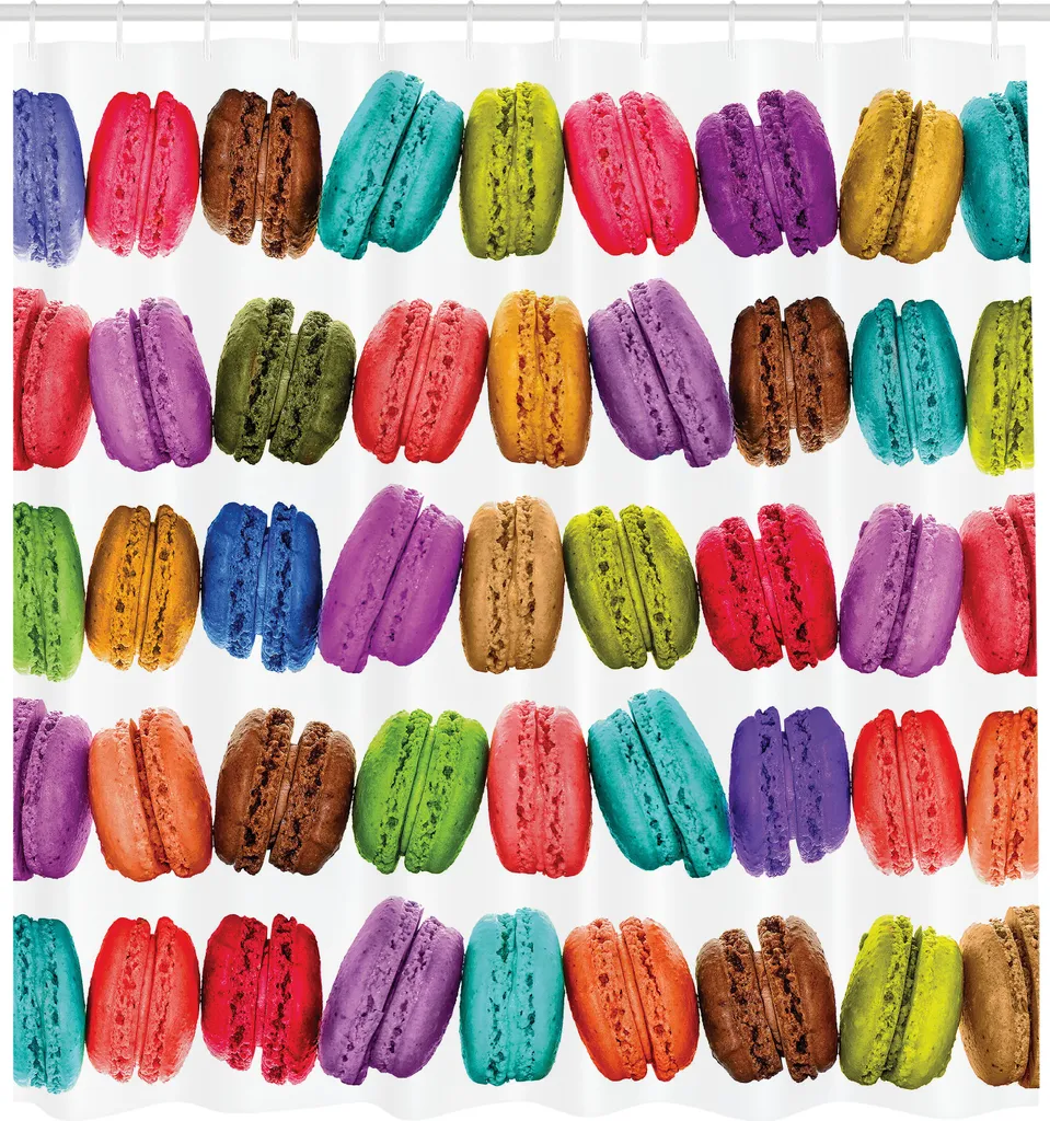 ABAKUHAUS Tenda da doccia colorata, macarons francesi in fila, biscotti da caffetteria, aromi, pasticceria, panetteria, cibo, design, tessuto, set decorativo per bagno con ganci, 175x240 cm, multicolore