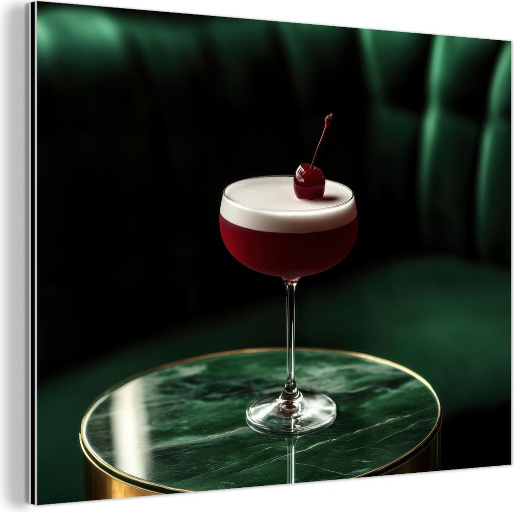 MuchoWow Wanddekoration Metall Metallbild Wandkunst 80x60 cm Kirsche - Cocktail - Rot - Marmor MuchoWow Aluminium Gemälde - Alubild