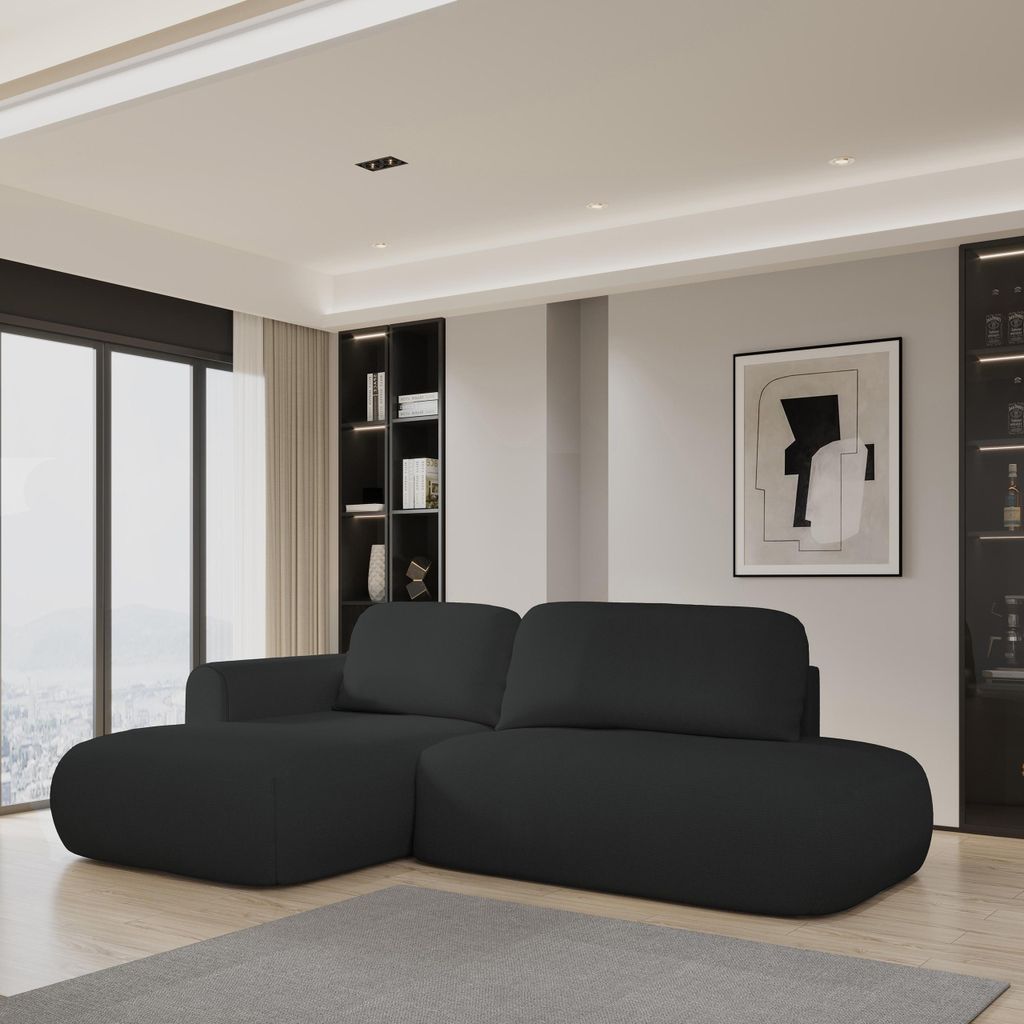 Masseno Ecksofa NUVIRA L-S mit Schlaffunktion L-Form, Sofa mit Bettkasten, Wohnzimmersofa, Couch, Soffa, Bettsofa, Couchgarnitur- Schwarz, SORO 100