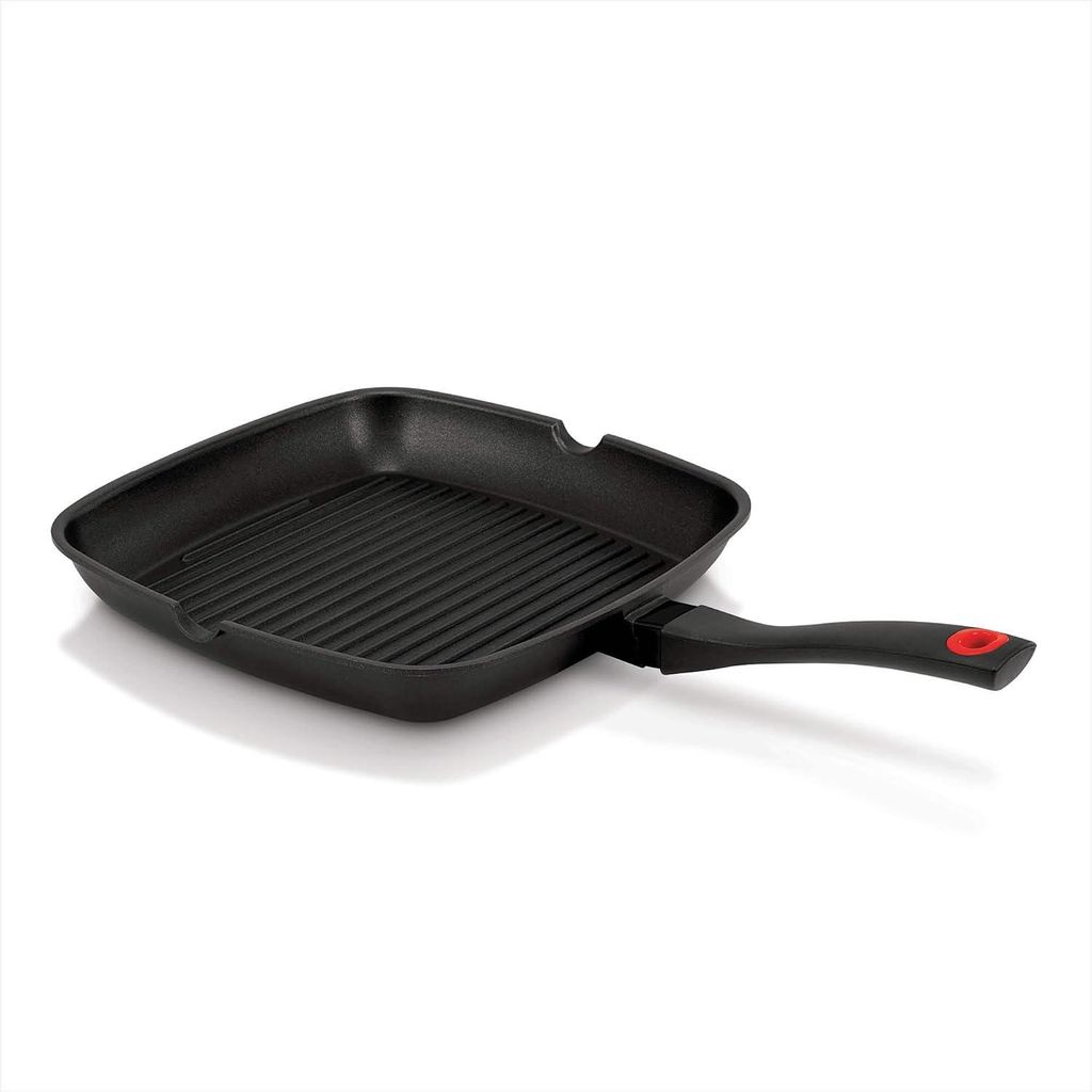 Grillpfanne Induktion und Grill Eisenpfanne - 28 cm - hitzebeständiger Griff - Holz - rund - natürlich beschichtet - Nomad Kollektion