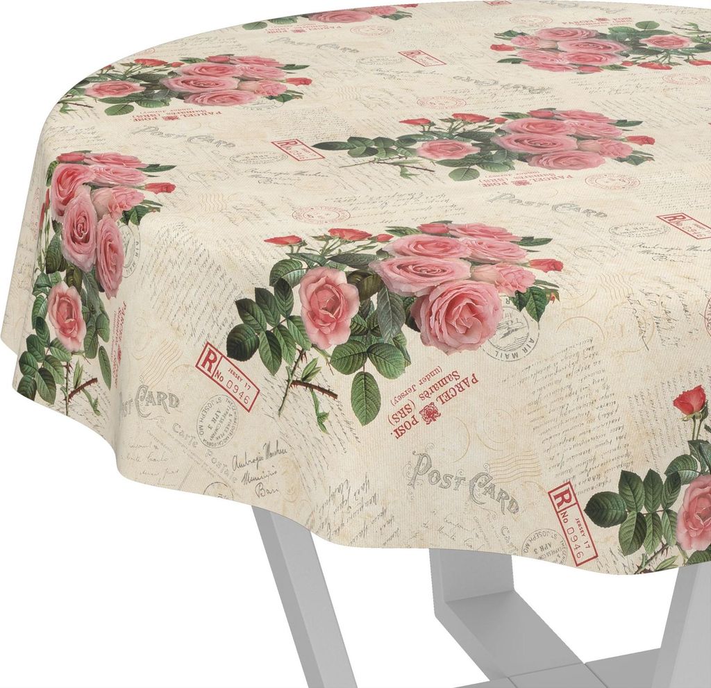 Tischdecke Shabby Chic Postkarte Rosen Beige Rund 100cm Schnittkante Wachstuch abwaschbar