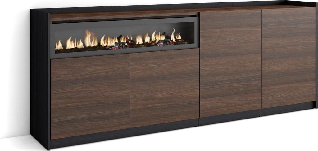 Sideboard, Highboard, 207x37x80cm, 4 Türen, Elektrokamin., Dunkler Eiche und Schwarz