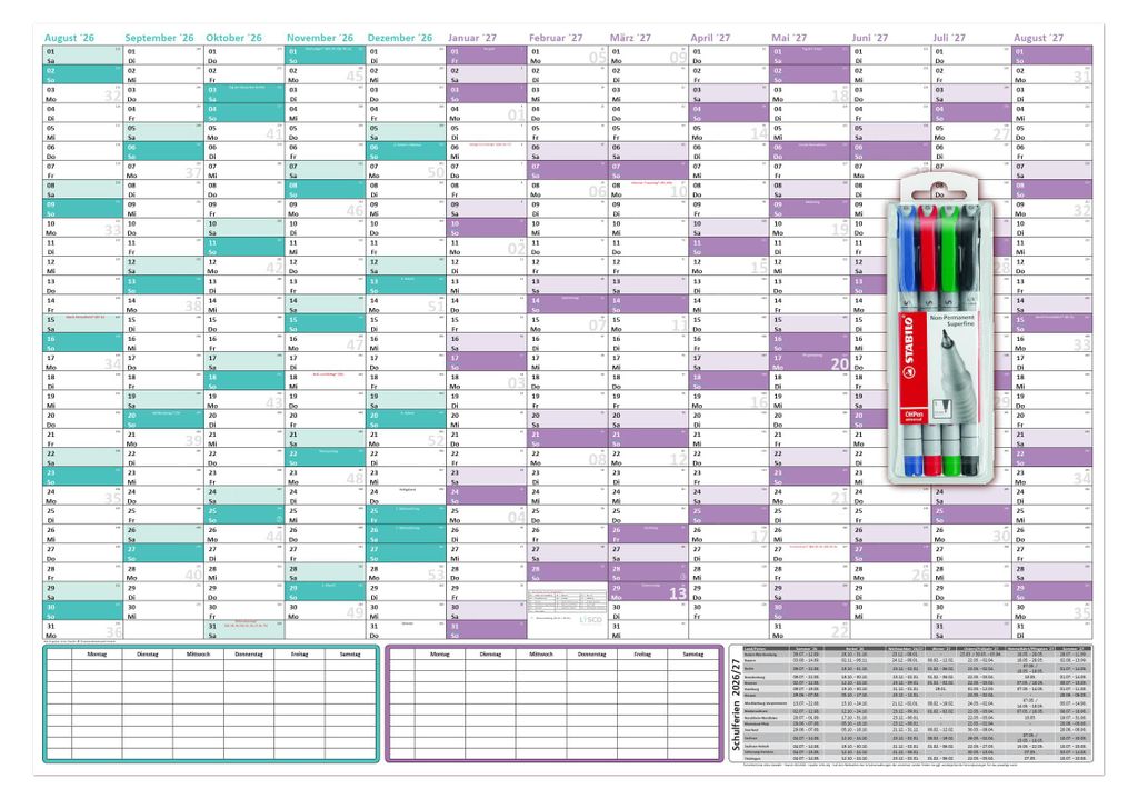Schuljahreskalender 2026/2027 DIN B1 700 x 1000 mm, nass Produktbild 