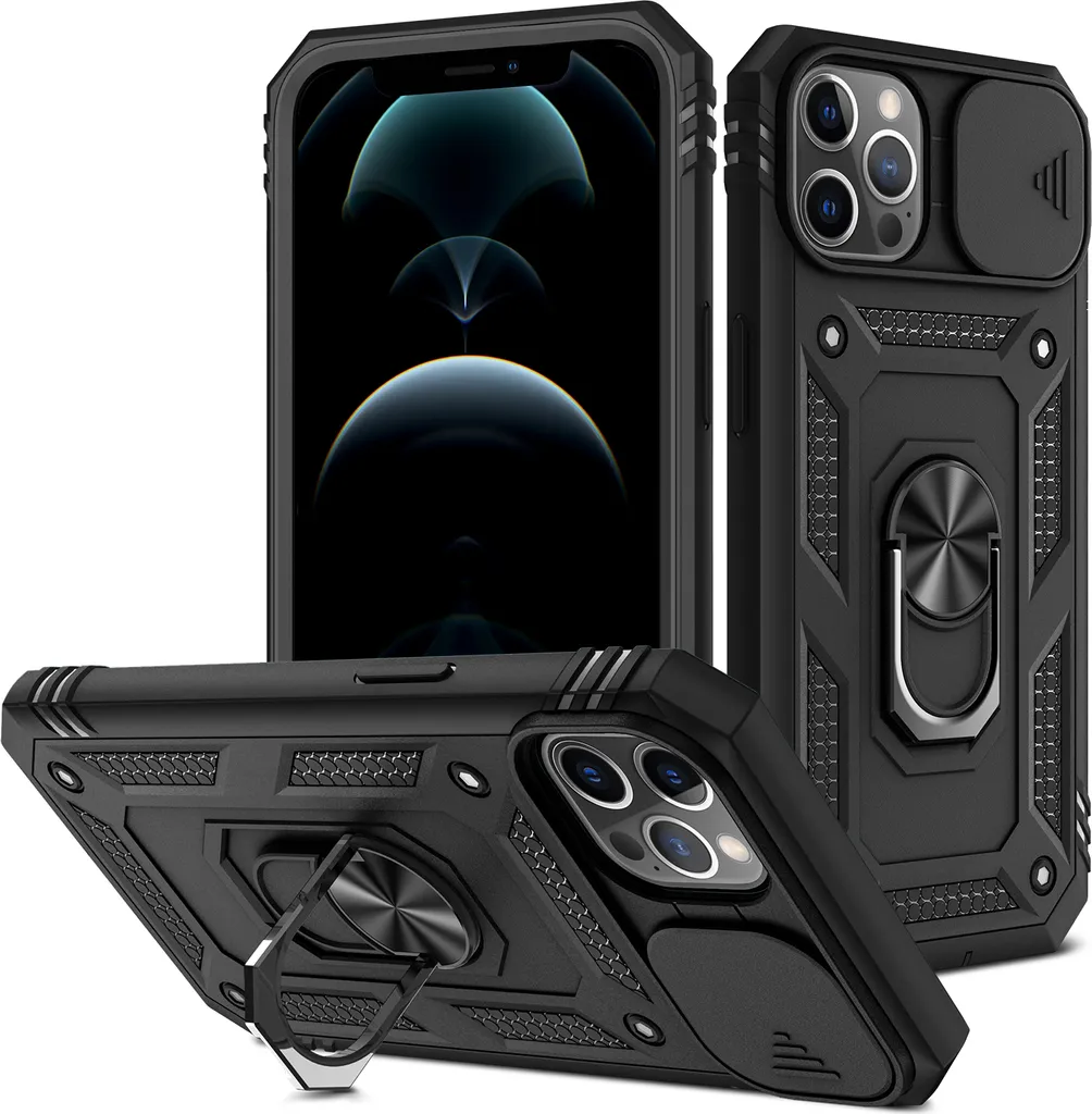Custodia per iPhone 12 / iPhone 12 Pro protezione fotocamera scorrevole, resistente agli urti, con supporto ad anello, supporto e porta carte di credito Nero