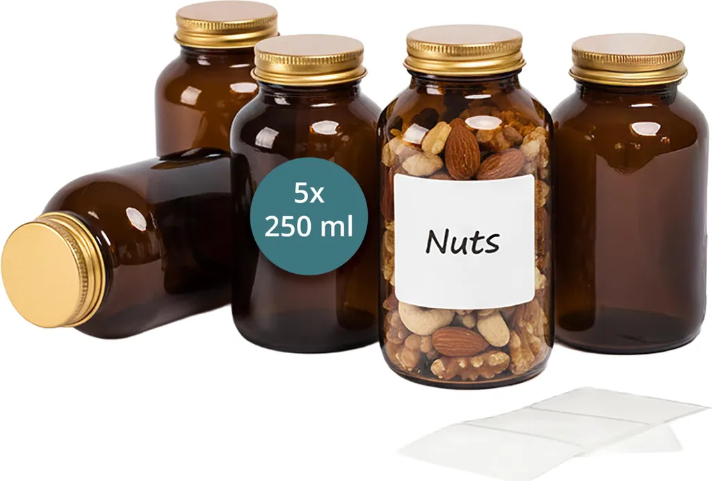 5 Barattoli Vetro Ambrato 250ml Relaxdays Stile Antica Farmacia