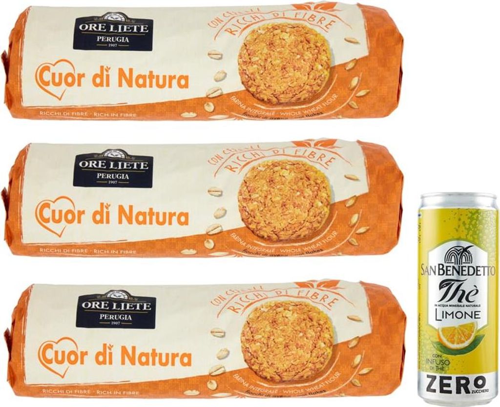 3er-Pack Ore Liete Cuor di Natura Biscotti con Cereali,Kekse mit Getreide,mit Vollkornmehl und ohne Zuckerzusatz,250g + 1er-Pack San Benedetto Eis...