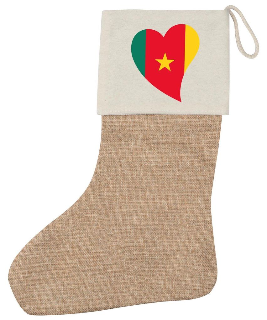 Huuraa Weihnachtsstrumpf Kamerun Flagge Herz Beige Jute Kaminstrumpf Geschenkidee