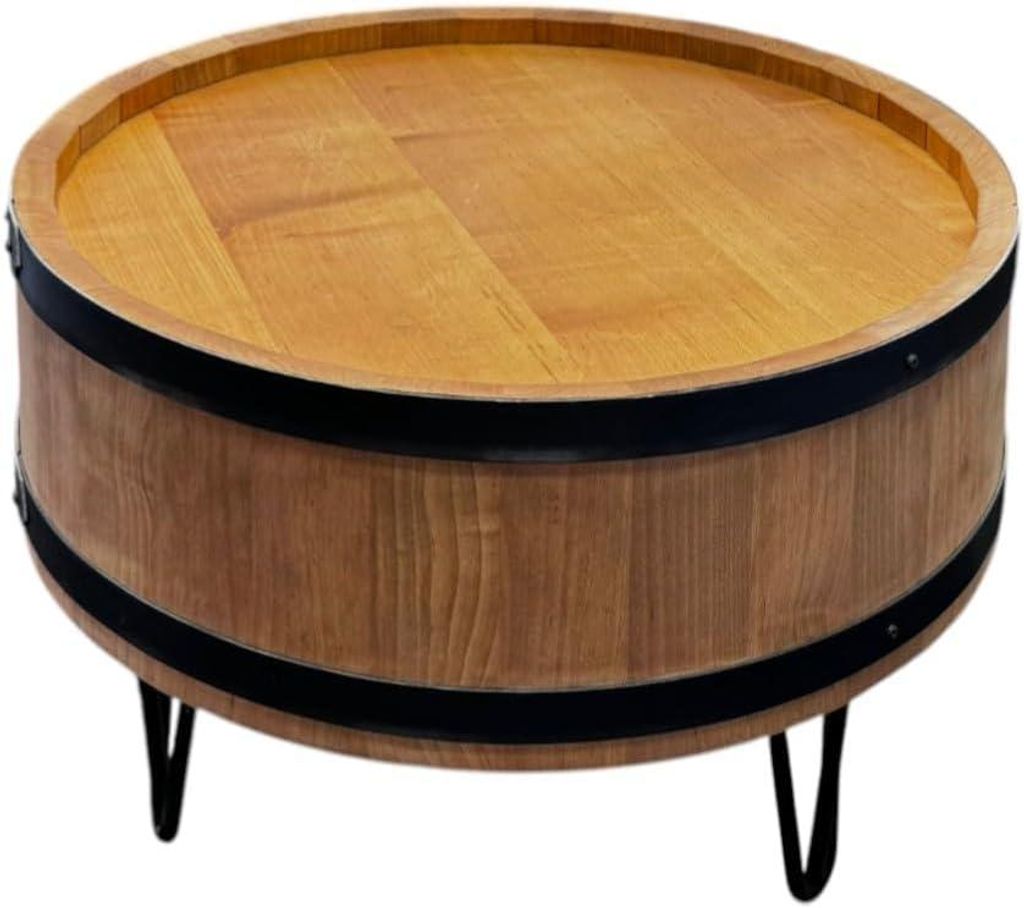 Rustikaler Fass-Couchtisch Ø51 cm, H43 cm – Holz mit schwarzen Metallringen, weeco