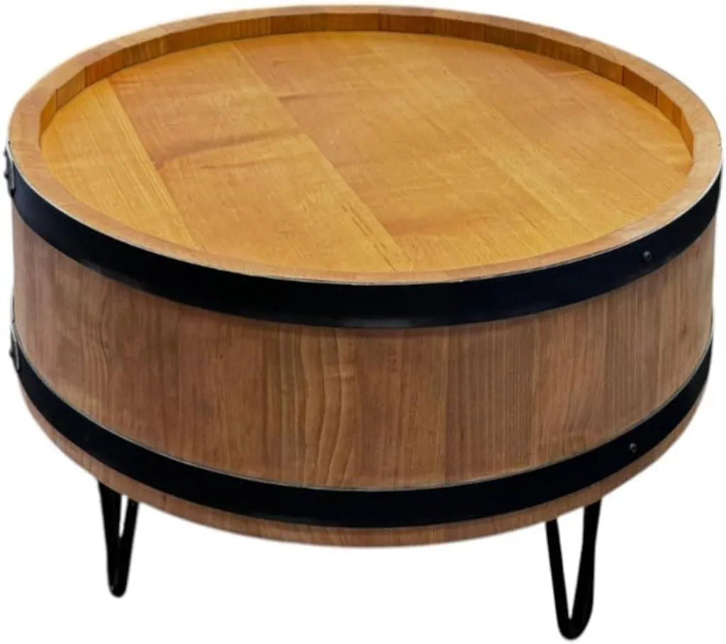 Table basse rustique en forme de tonneau Ø 51 cm weeco bois et métal noir