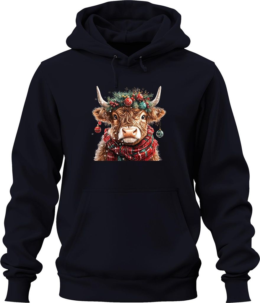 Weihnachtskuh Highland Kuh Kranz Kugeln Schal Winter Geschenk Uni Hoodie Kapuzenpullover, Navy, L