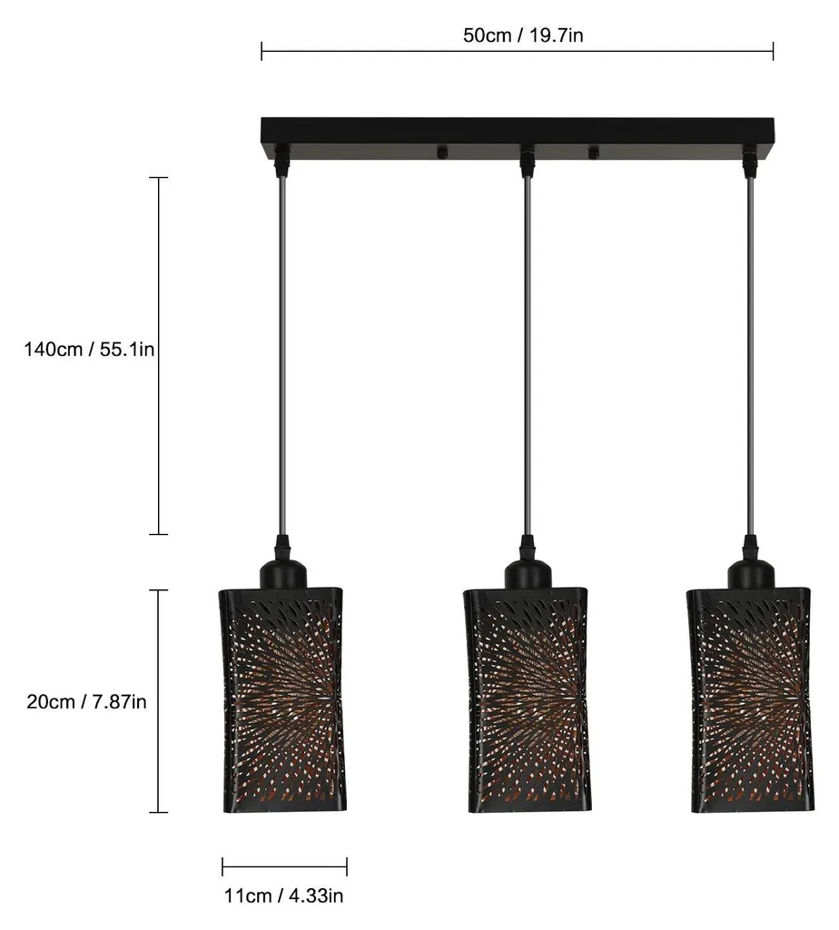 Suspension Noire 3 Feux E27 : Solution Éclairage Plafond Haut Réglable - 7