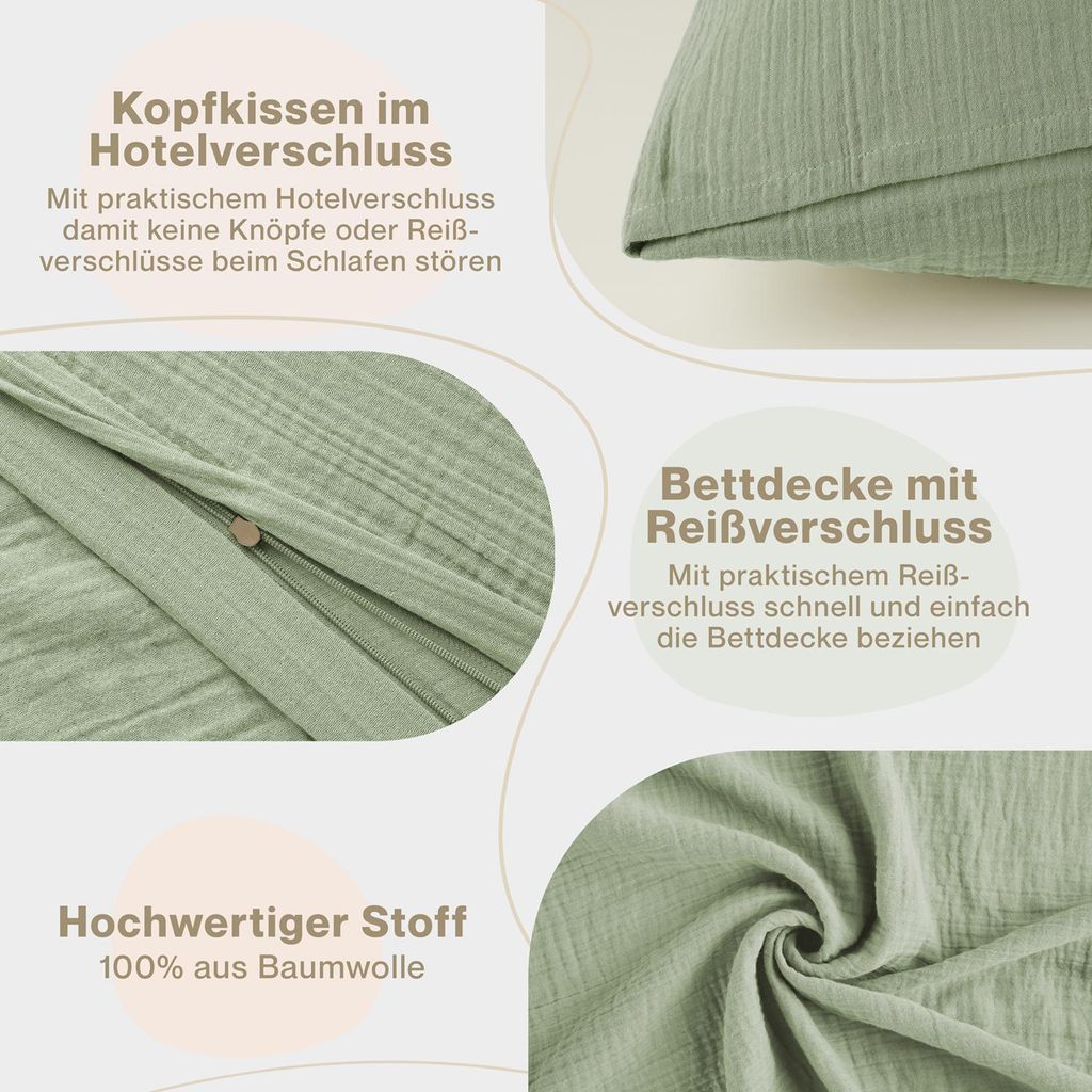 Blumtal Musselin Bettwäsche 155x220 cm Grün 40x80