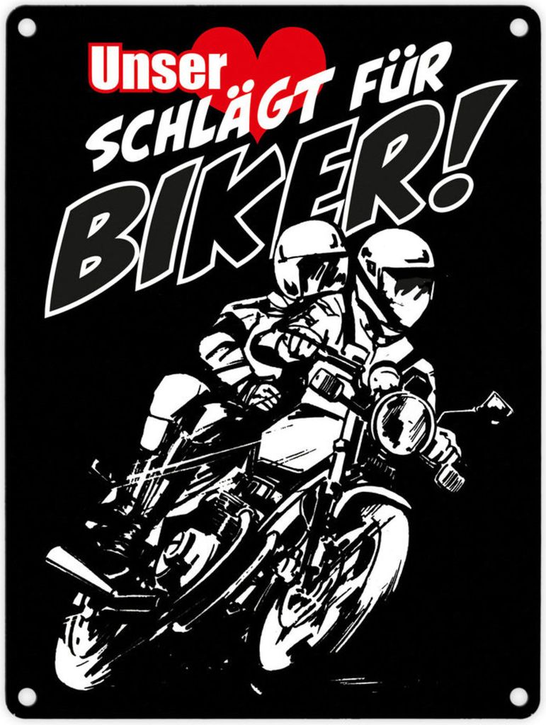 Metallschild in 15x20 cm mit Motorrad in schwarz Unser Herz schlägt für Biker
