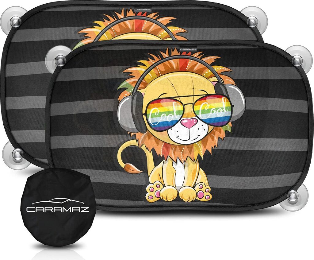 Sonnenschutz, Kompatibel mit Personenkraftwagen, Auto Baby mit UV Schutz 48x30cm - 2 Stück mit Saugnäpfen - Kinder - Fenster - Motiv: Gelb-Lion