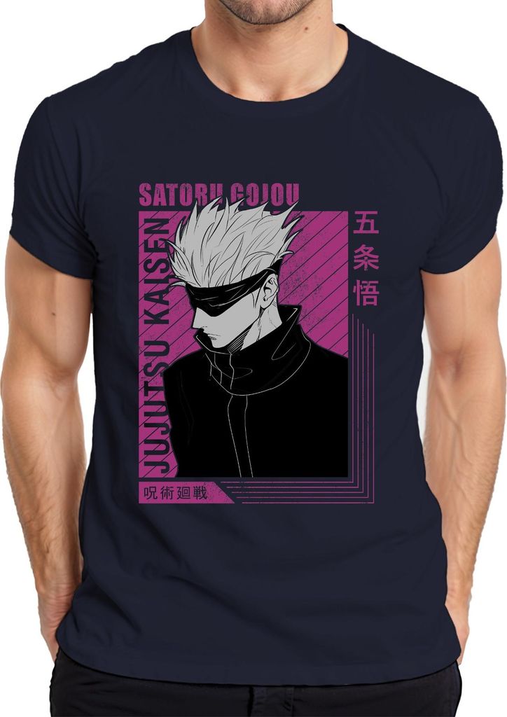 Satoru Gojo Jujutsu Kaisen weiße Haare Augenbinde Fan Geschenk Herren T-Shirt, Navy, L