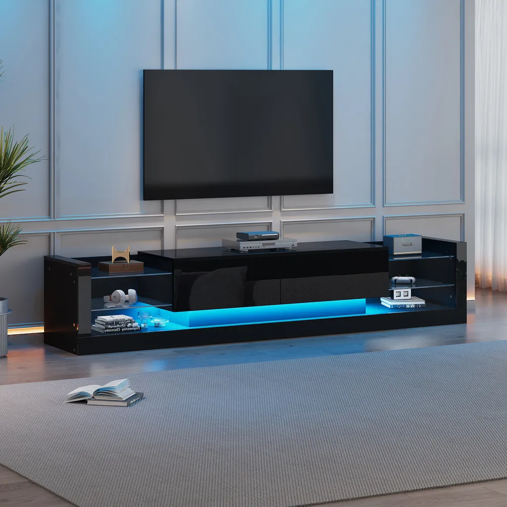 Meuble TV noir 181 cm MODFU brillant pour cacher les câbles et le désordre