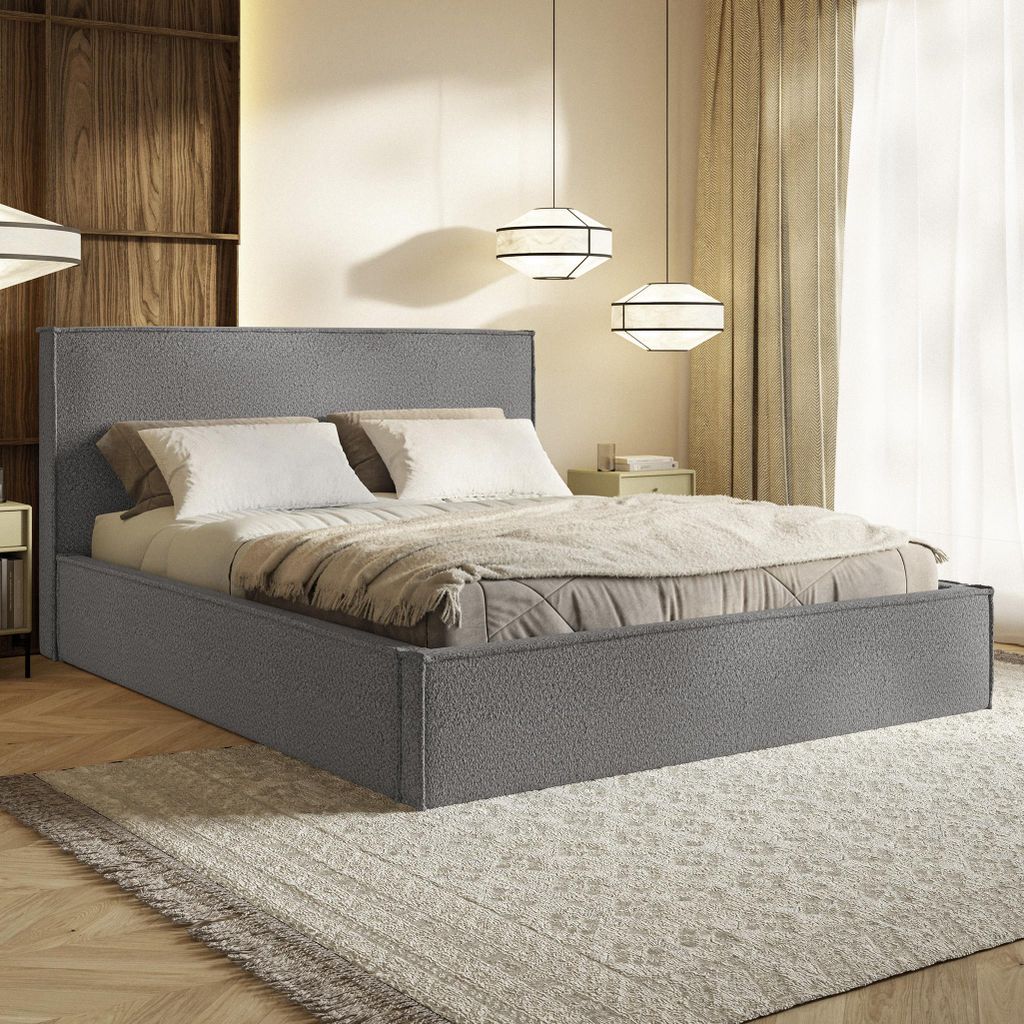 MOTIVENA Boho Polsterbett 160x200 mit Bettkasten, Metall Latttenrost, Bett 160x200 Grau Boucle (Catch Me 25)