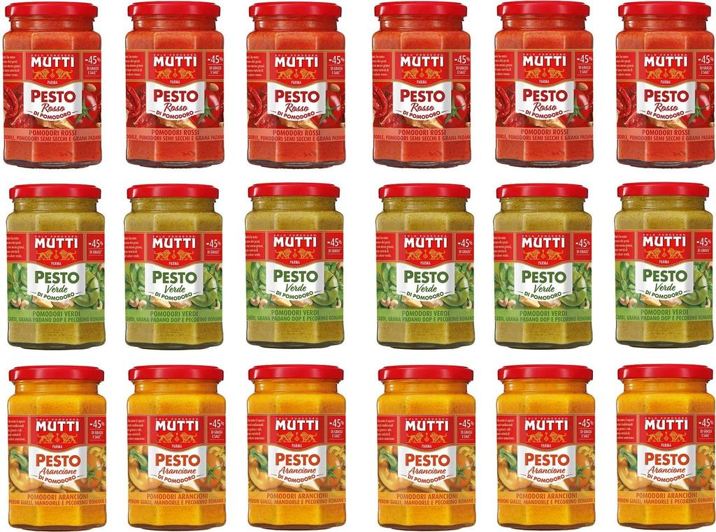 TESTPAKET Mutti Pesto Arancione Verde Rosso Pomodori Italiani Tomaten grüne Tomaten rote Pesto Tomatenpesto Pasta Sauce italienische Glas (18x180g)