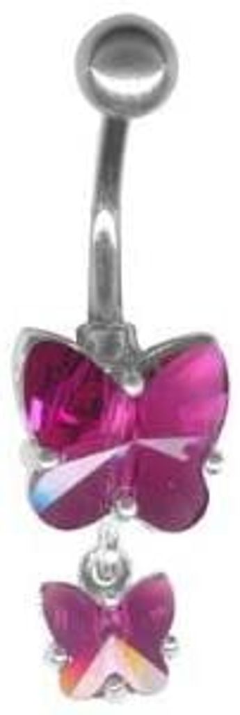 Bauchnabel Silber Piercing 2 Schmetterling Mit Kristall Elements - Fuchsia