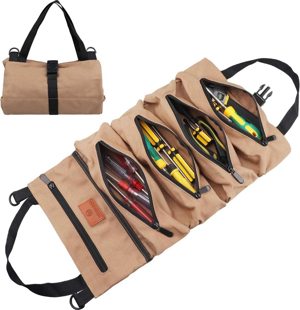 Rolltasche, Rolltasche für Schraubenschlüssel, Mehrzweck-Werkzeug-Organizer aus Segeltuch (Khaki)