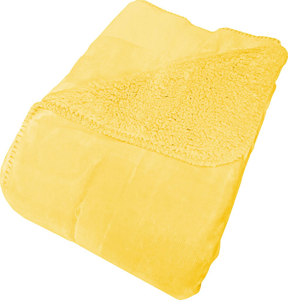 A folded yellow blanket with a sherpa lining.