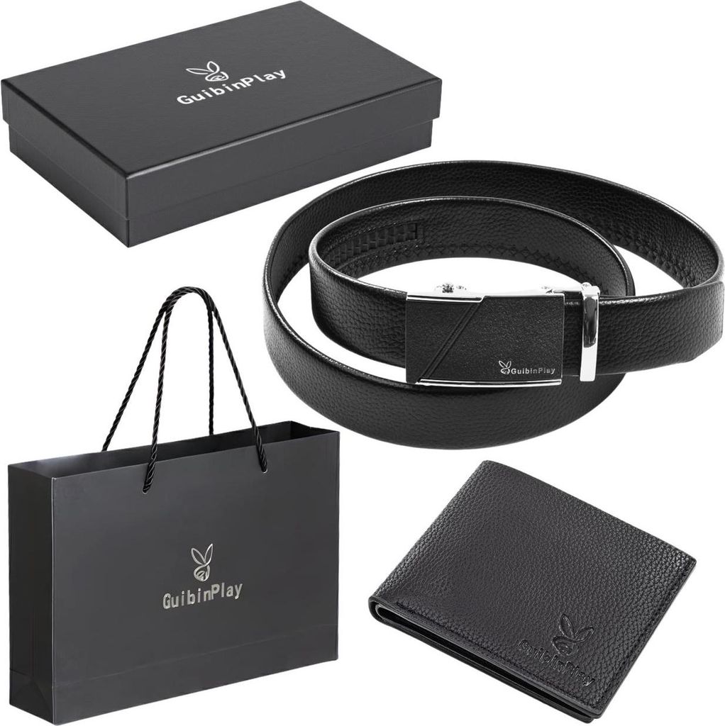 A gift set for men including a belt and wallet, presented in a gift box and shopping bag.