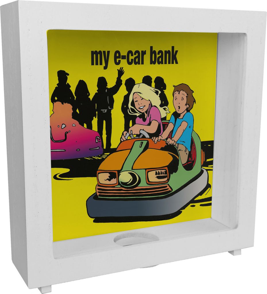 my e-car bank Boxauto Rahmen Spardose aus Holz für ein E-Auto in gelb