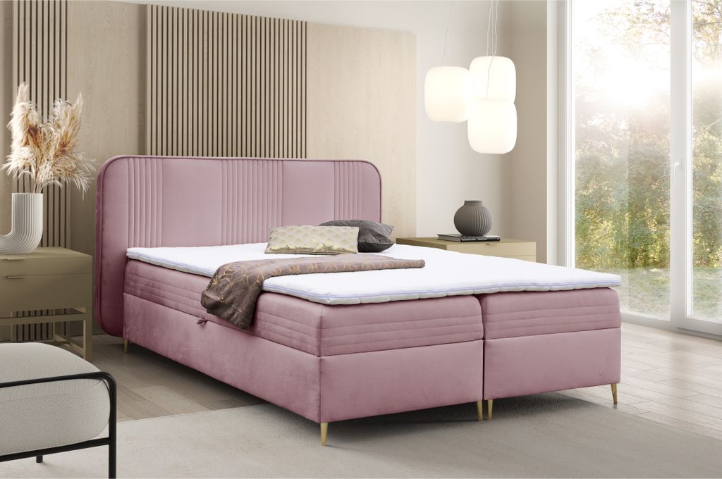 Boxspringbett GINA Doppelbett mit Bonellmatratze Topper und Bettkasten Bett Glamour Polsterbett mit abgerundetem Kopfteil Modern Schlafzimmer Vinta...